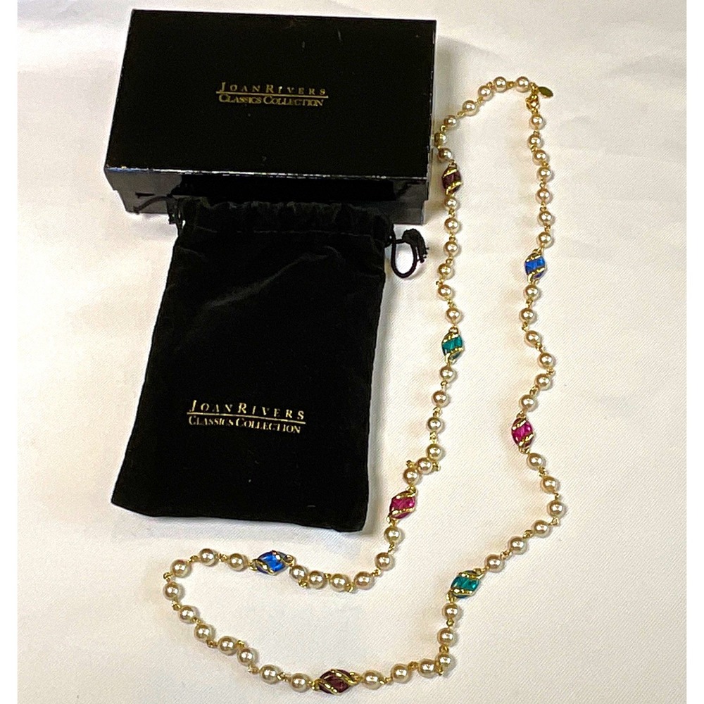 Joan Rivers Faux Pearl Necklace Multicolor Glass Gold Twist Accents Long 36"